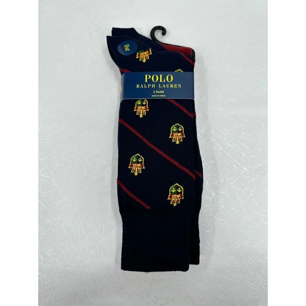 Polo‎ Ralph Lauren 2-Pair Men's Dress Socks – Crest & Stripe Design (XL)